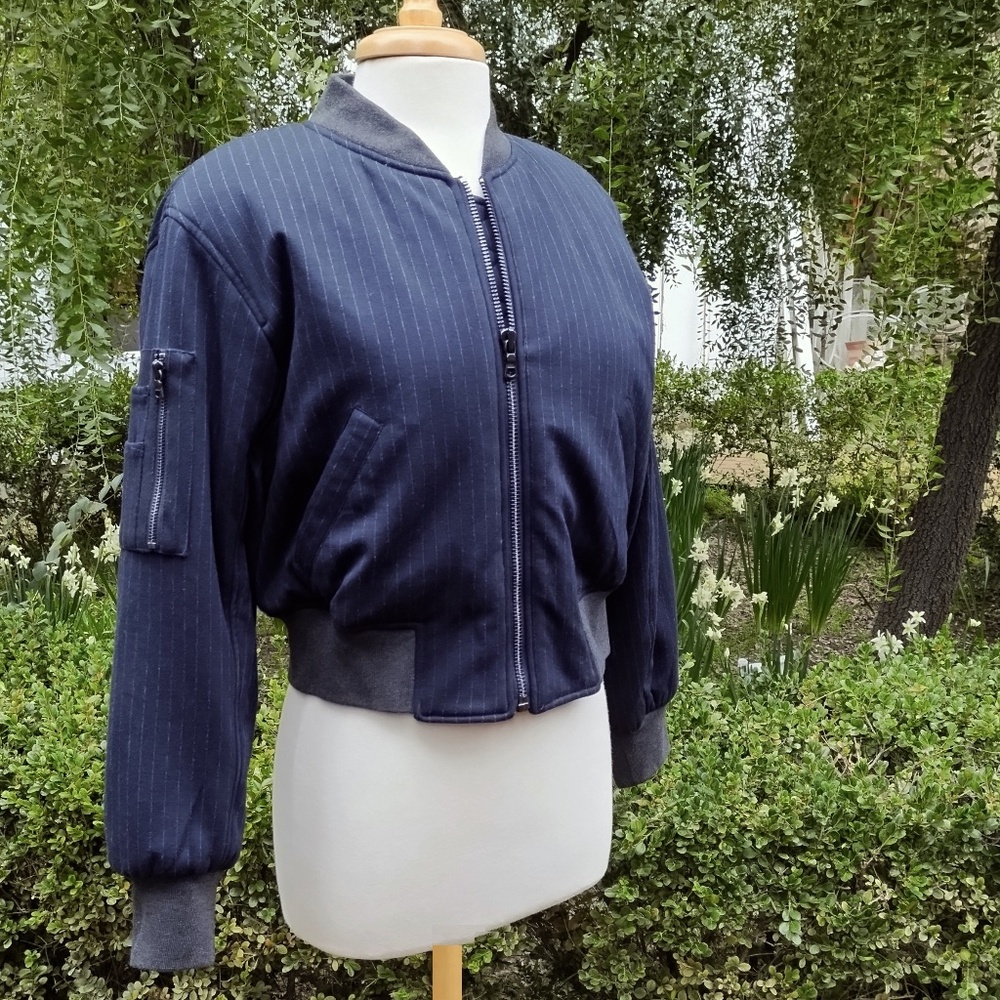 Kenneth Cole Women's Bomber Jacket Navy Gray Pinstripe - New